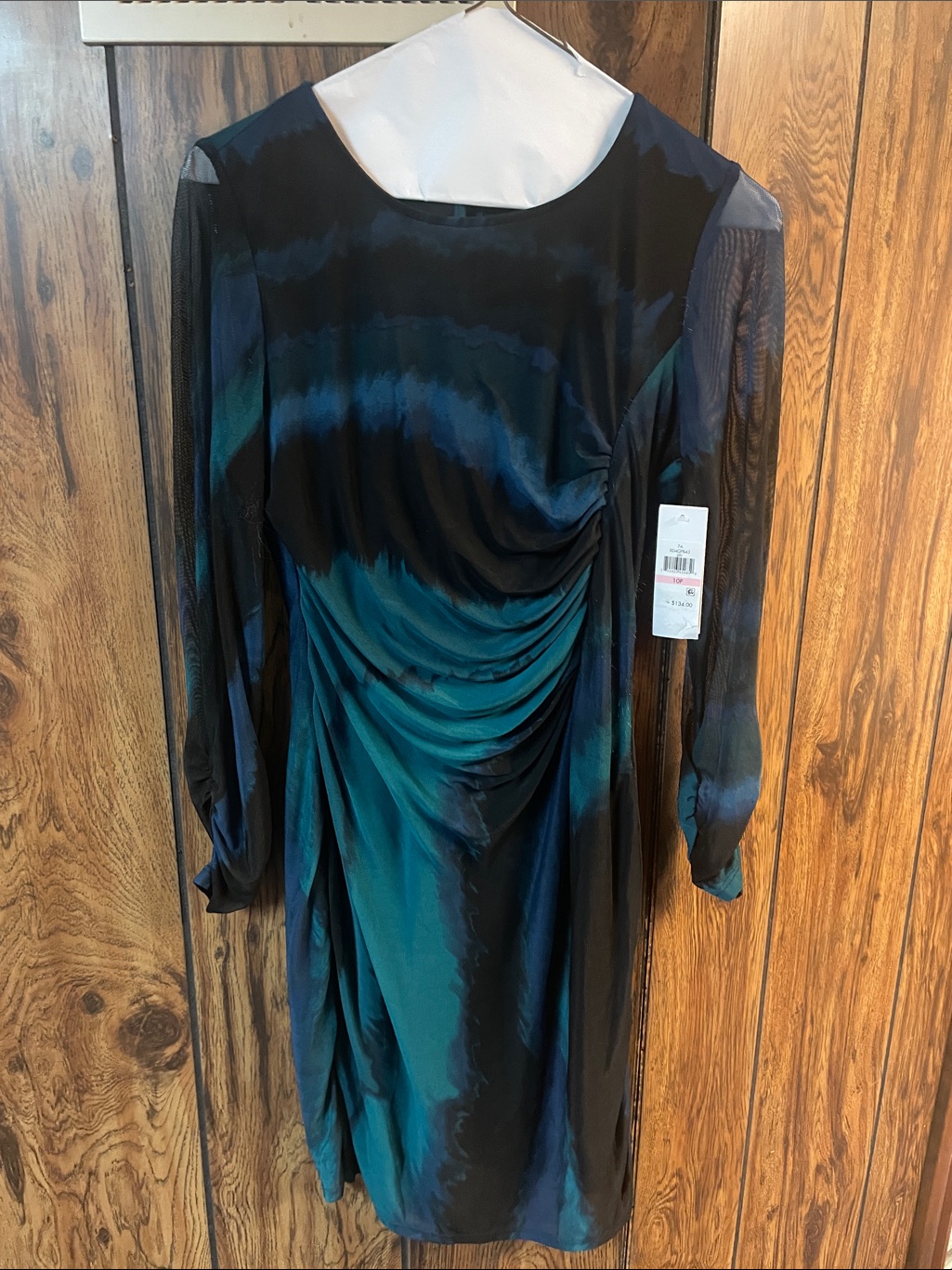 Dkny Black And Teal Ruched Long Sleeve Cocktail Dress